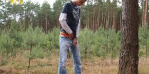 Pretty teen gay unfastens pants and pisses outdoors